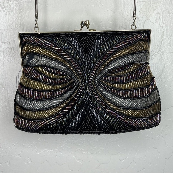 Vintage La Regale Beaded Black Crossbody Bag Evening Purse Chain Strap Handmade - Picture 1 of 8